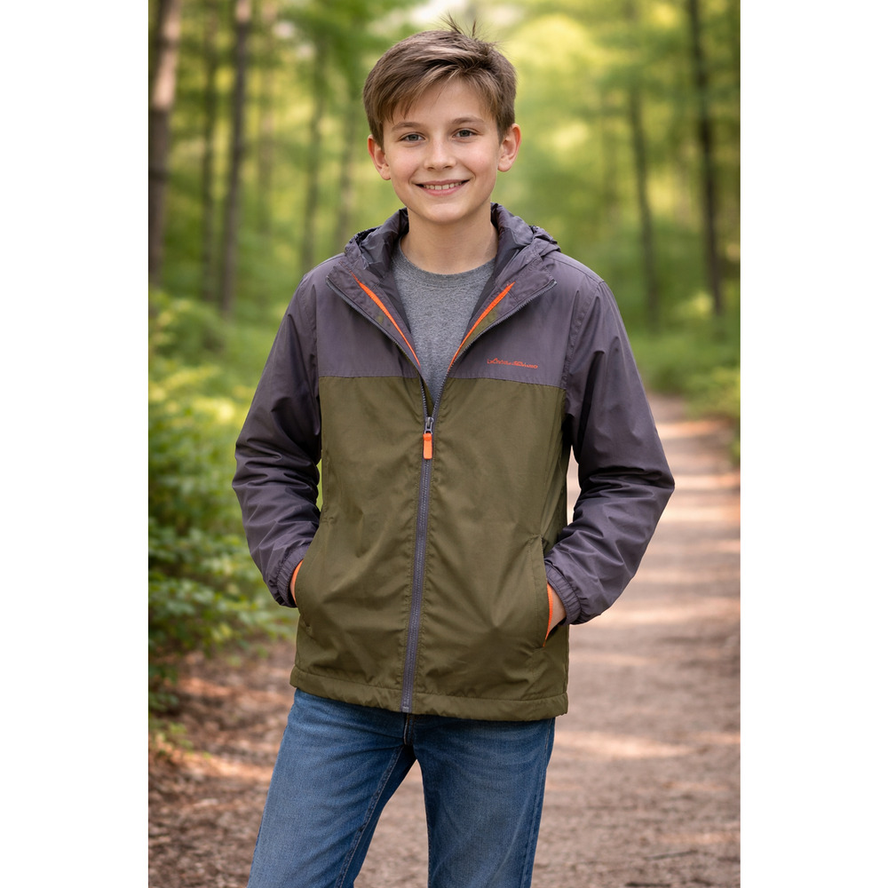 Eddie Bauer Youth Boys Green Gray Hooded Zip Up Windbreaker Jacket Size L